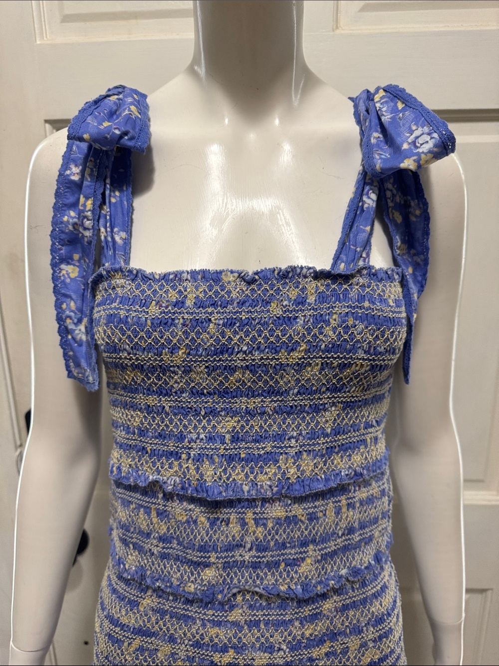 LoveShackFancy Belle Smocked Tie Straps Cotton Mini Dress Blue Jay Floral Print - Picture 3 of 13